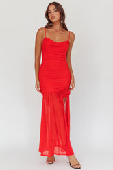Stole The Show Ruched Mesh Maxi Dress Red